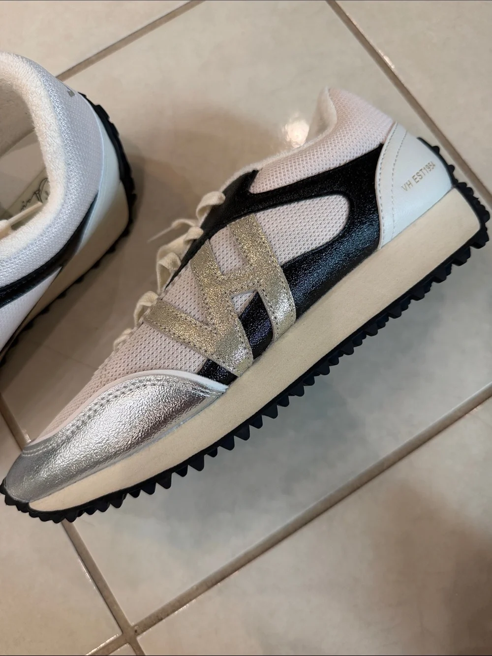Vintage Havana White and Silver Women's Sneakers with Black Accents